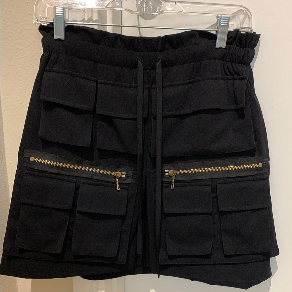 Vivienne Tam Black Cargo Pocket Mini Skirt with Gold Zippers